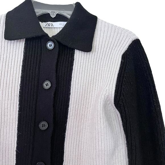 Zara Black White Ribbed Knit Collared Button Front Colorblock Cardigan Sweater S - Picture 4 of 10